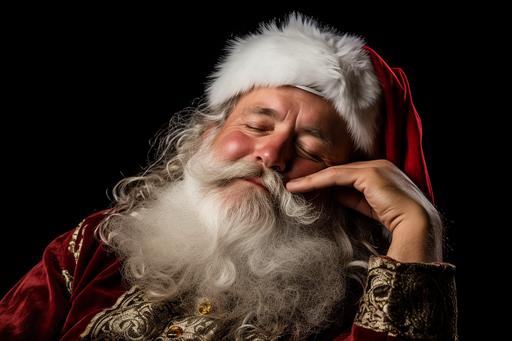 santa with nose on black background stock photo, in the style of slumped/draped, uhd image, pensive poses, whirly, photo, sony alpha a7 iii --ar 128:85