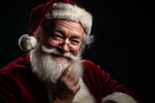 santa with nose on black background stock photo, in the style of slumped/draped, uhd image, pensive poses, whirly, photo, sony alpha a7 iii --ar 128:85
