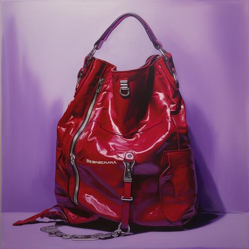 purple background, red hobo bag, balenciaga motor bag style,