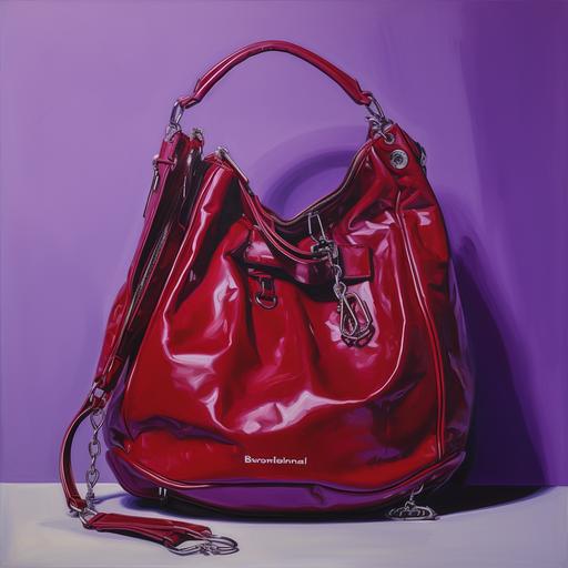 purple background, red hobo bag, balenciaga motor bag style,