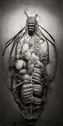 inside of mechanical insect ribcage anatomy, charcoal drawing, highly detailed sculpture, anatomical, ommatidia, post-processing, intricate detailed, Darren Bartley , James Jean, --aspect 1:2