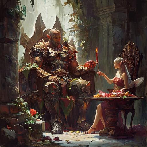sartorial muscular elven warrior sitting on a throne made out of shiny onyx rock being served prosciutto by fairy servant --v 6.0 --style raw