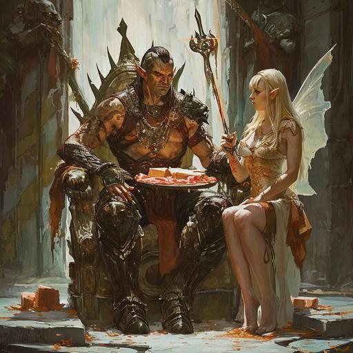 sartorial muscular elven warrior sitting on a throne made out of shiny onyx rock being served prosciutto by fairy servant --v 6.0 --style raw