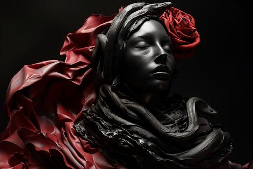 sartorial sanguine red rose dress flowing diaphonous clay sculpture of Maya Deren lookalike, with snakes coiled around her hair, with a somber face and wearing a Hijab Alexander McQueen, obsidian black gold red --v 6.0 --s 30 --ar 3:2