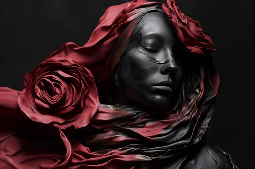sartorial sanguine red rose dress flowing diaphonous clay sculpture of Maya Deren with a somber face and wearing a Hijab Alexander McQueen, obsidian black gold red --v 6.0 --s 30 --ar 3:2