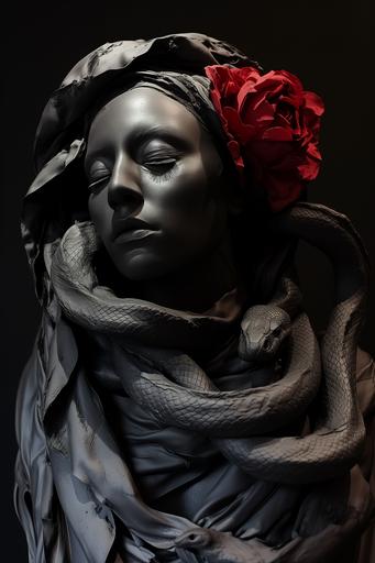 sartorial sanguine red rose dress flowing diaphonous clay sculpture of Maya Deren lookalike, with snakes coiled around her hair, with a somber face and wearing a Hijab Alexander McQueen, obsidian black gold red --v 6.0 --s 30 --ar 2:3
