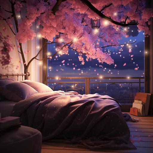 Cherry blossom Tree, Pink, Lofi Bedroom, 1 Cute Animal Pillow on bed, will-o'-the-wisp, night time, cozy lights