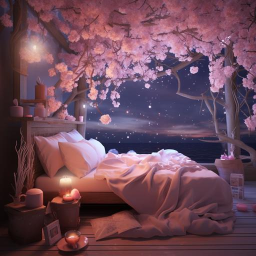 Cherry blossom Tree, Pink, Lofi Bedroom, 1 Cute Animal Pillow on bed, will-o'-the-wisp, night time, cozy lights