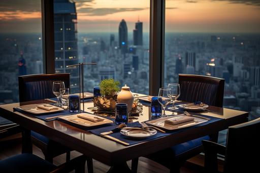 sassoon tower bangkok gastronomic restaurant & sky bar , in the style of realistic cityscapes, dark blue and light beige, windows vista, extravagant table settings, hdr, uhd image, japanese minimalism --ar 3:2