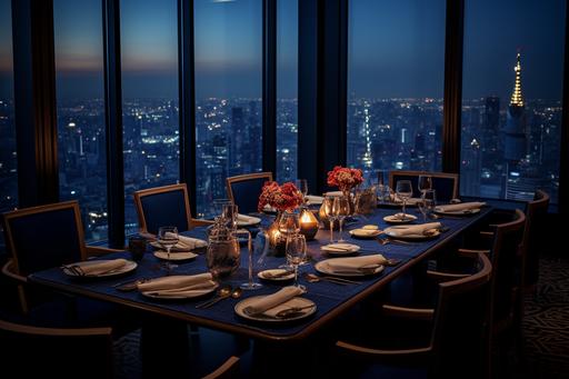 sassoon tower bangkok gastronomic restaurant & sky bar , in the style of realistic cityscapes, dark blue and light beige, windows vista, extravagant table settings, hdr, uhd image, japanese minimalism --ar 3:2