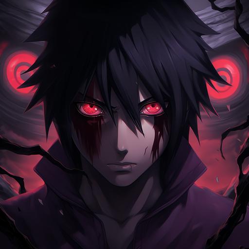 sasuke looking into camera with two sharingans in his eyes, darkness theme, background with cloros of red and purple