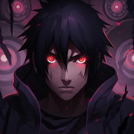 sasuke looking into camera with two sharingans in his eyes, darkness theme, background with cloros of red and purple