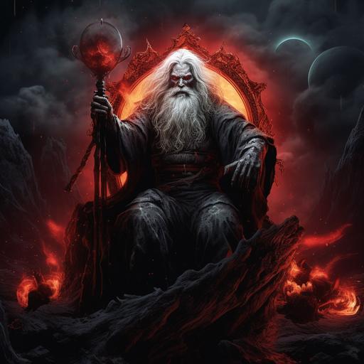 satanic Santa with deadly eyes sitting on the mountain of rotting corps magical aura around full moon animals around are zombie like. Ultra cinematic realistic Japanese touch