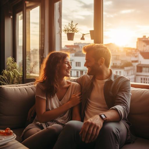 satisfied couple smiling. They are sitting on a couch with a large window with city view. Sunrise lights. A man seen from the back is sitting in front of them. Real photography