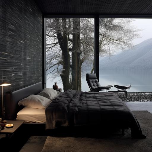 black, modern bedroom, lake mountain winter, peter zumthor, triangle