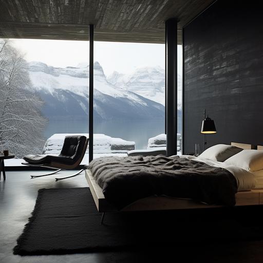 black, modern bedroom, lake mountain winter, peter zumthor, triangle