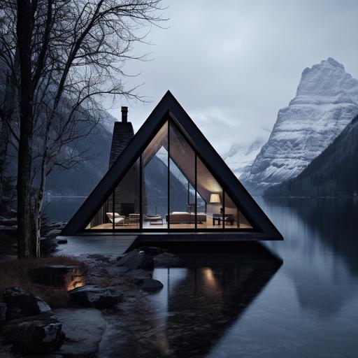 black, modern, triangle, home, small, interior, lake, mountains, winter, peter zumthor