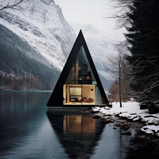 black, modern, triangle, home, small, interior, lake, mountains, winter, peter zumthor