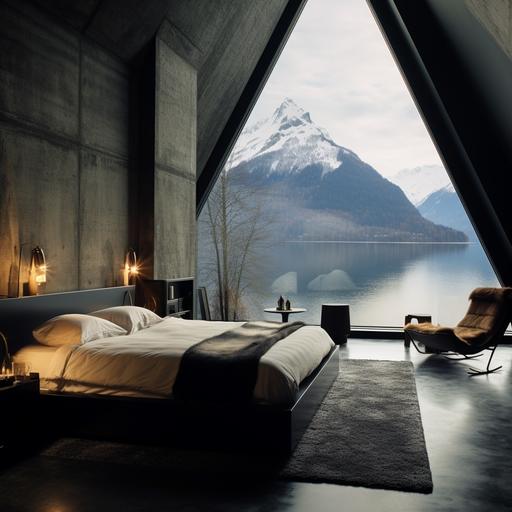 lake, black, winter, modern, bedroom, triangle window, peter zumthor, mountain