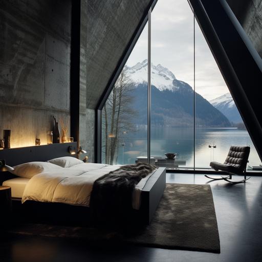 lake, black, winter, modern, bedroom, triangle window, peter zumthor, mountain