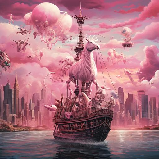 scagliola pirate ship floating in pink cyberpunk clouds over new york city / a wixarika deer with horns as the mast