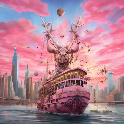 scagliola pirate ship floating in pink cyberpunk clouds over new york city / a wixarika deer with horns as the mast