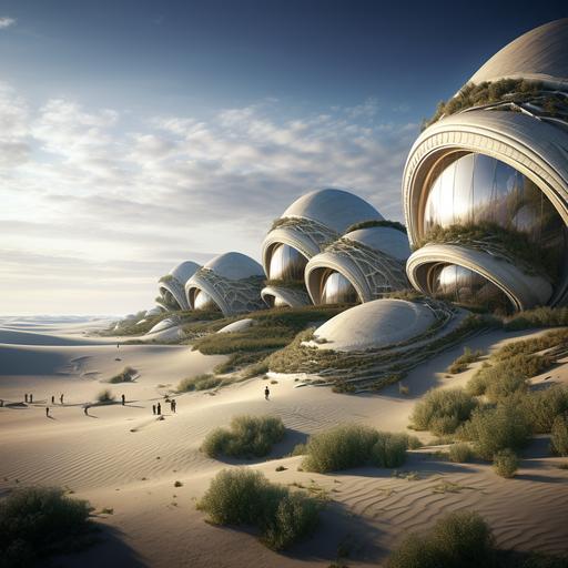 scallop shaped buildings with grass growing out of the tops sand dunes cities --chaos 4
