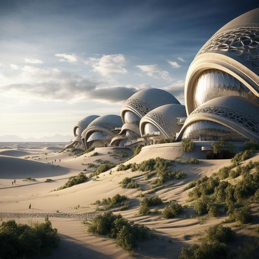 scallop shaped buildings with grass growing out of the tops sand dunes cities --chaos 4