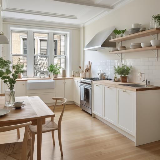 scandinavian style, gallery kitchen with peninsula, nyc apartment, red oak floor, wooden drawer bottom and cream cabinets at the top