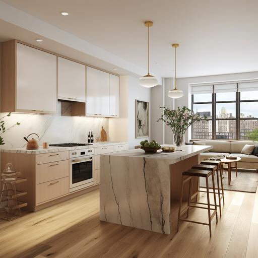 scandinavian style, gallery kitchen with peninsula on the right and cabinets on the left, nyc apartment, red oak floor, wooden drawer bottom and cream cabinets at the top. White marble countertop.