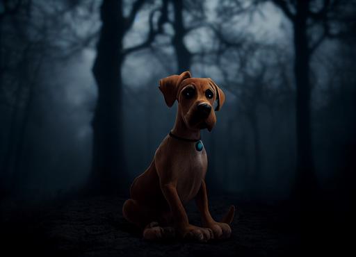 scared cute baby Scooby-Doo puppy dog, Great Dane puppy, haunted forest, spooky misty atmosphere, 3d Pixar style, moody lighting, 8k --ar 16:12 --test --creative --upbeta