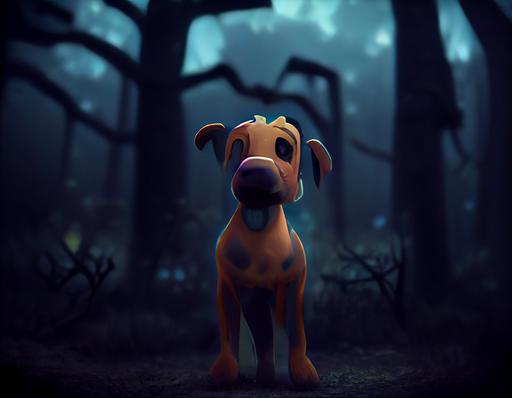scared cute baby Scooby-Doo puppy dog, Great Dane puppy, haunted forest, spooky misty atmosphere, 3d Pixar style, moody lighting, 8k --ar 16:12 --upbeta
