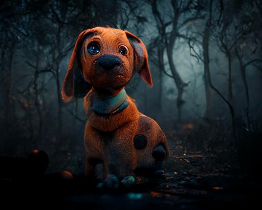 scared cute baby Scooby-Doo puppy dog, Great Dane puppy, haunted forest, spooky misty atmosphere, 3d Pixar style, moody lighting, 8k --ar 16:12