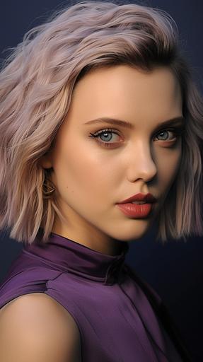 scarlett johansson, the movie poster of the book the women she loves best short haircuts and haircut styles i h, in the style of dark orange and magenta, close up, softly organic, matte photo, candid celebrity shots, distinctive noses, dark sky-blue and dark beige --ar 65:116 --c 25 --s 300