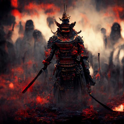 scarred Samurai with a burning katana, facing against a horde of demons in hell, 3d art, 4k