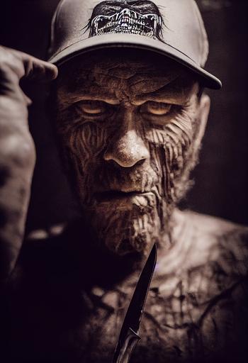 scarred man with stubble wearing a trucker hat holding a knife, by h.r. giger, dark, ominous, threatening, intimidating, ultra realistic, ultra detailed, atmospheric lighting, dark alley --ar 9:16 --testp --creative --upbeta --upbeta --upbeta --upbeta