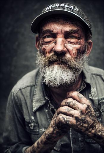 scarred middle-aged man with beard wearing a trucker hat, by h.r. giger, in color, ominous, intimidating, ultra realistic, ultra detailed, 8k, atmospheric lighting, serial killer --ar 9:16 --testp --creative --upbeta --upbeta --upbeta --upbeta --upbeta --upbeta --upbeta --upbeta