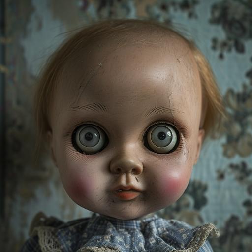scary baby doll face with big eyes head and frightening look --v 6.0