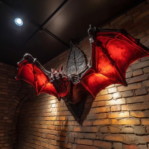 scary bat, hanging upside down, hyper realistic, brick wall, red light is reflecting off of its right side