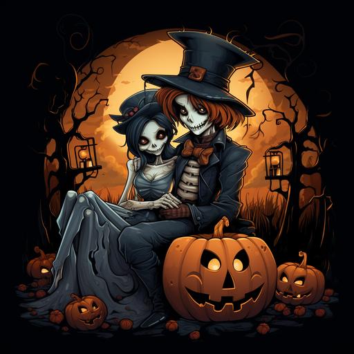 scary cartoon mad pumpkin head man in overalls and black t-shirt sitting in graveyard being hugged by skeleton woman with dress and 60s baker boy hat romantic cute halloween style art gothic black background misty cloudy outside