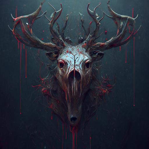 scary deer with red tears and a sinister smile like a human :: 8K