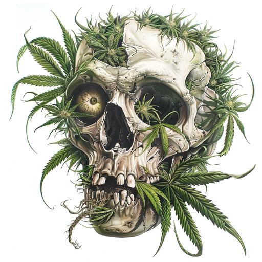 scary evil looking skull with marijuana growing around it and through eye sockets done in the art stle of H.R. Giger, no background, white background, highly detailed