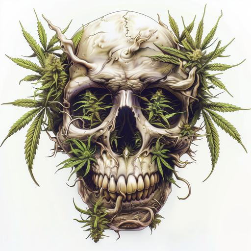 scary evil looking skull with marijuana growing around it and through eye sockets done in the art stle of H.R. Giger, no background, white background, highly detailed --v 6.0