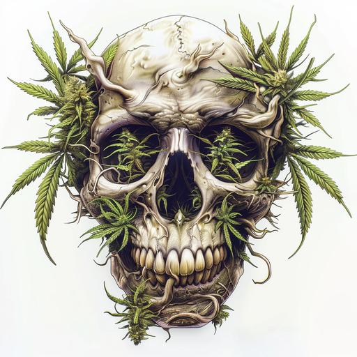 scary evil looking skull with marijuana growing around it and through eye sockets done in the art stle of H.R. Giger, no background, white background, highly detailed