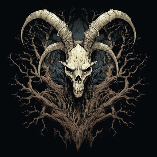 scary goat skull, symetrical pose, sharp claws , jumping forward, evil looking, scary mood, highly detailed illustration, circular intertwined tree roots, no background, high contrast , very symetrical,