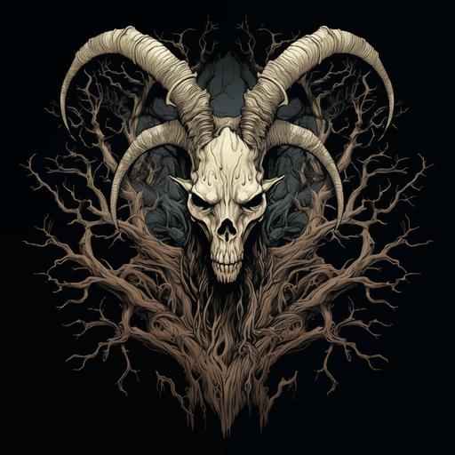 scary goat skull, symetrical pose, sharp claws , jumping forward, evil looking, scary mood, highly detailed illustration, circular intertwined tree roots, no background, high contrast , very symetrical,