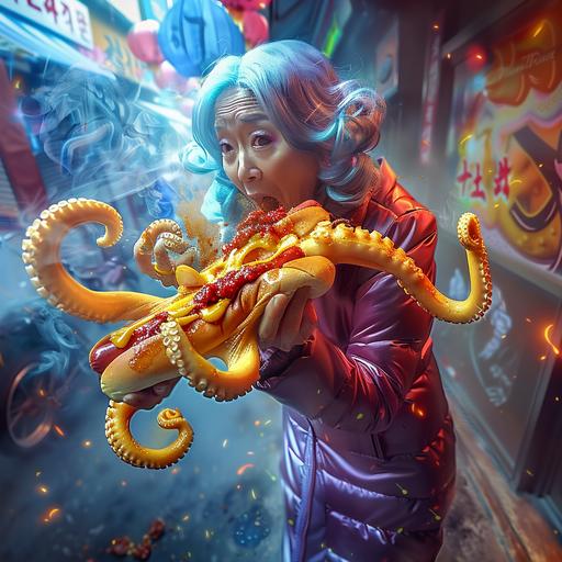 scary korean octopus lady eating hotdogs --sref  --sw 100 --s 250 --v 6.0