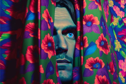scary mans head peaking through a floral colorful curtain, in the style of the shining + Lisa frank. colored pencil, photorealism, 8K, volumetric lighting. --ar 3:2 --uplight --v 4