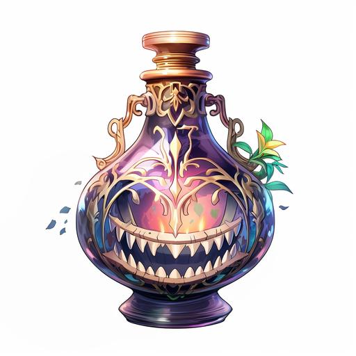 scary mimic mouth with teeth and tongue, magic vase, transparent background, style of botw