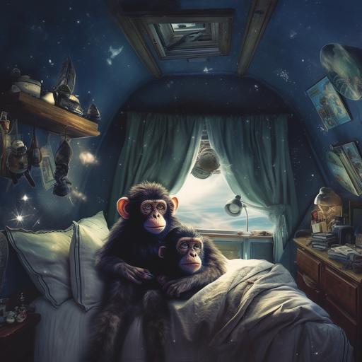 scary monkey hiding in a waldrobe in a messy spaceship bedroom with a window looking at planets